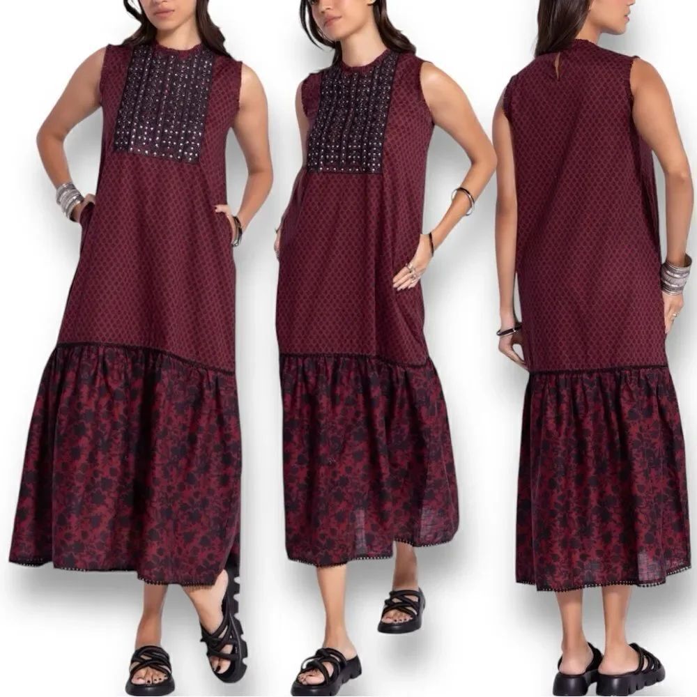 KHAADI Women’s Bohemian Embroidered Maxi Dress in the Size Medium in Burgundy